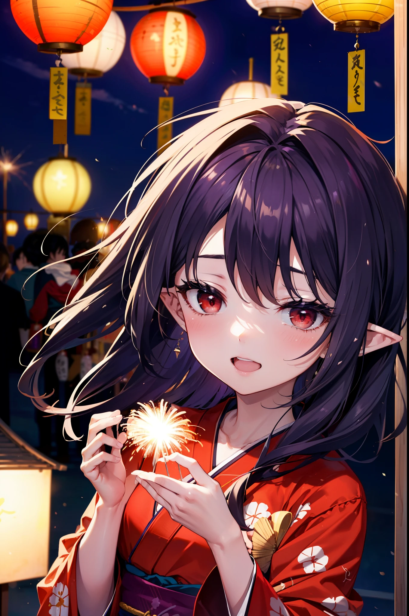 yuukikonno, Yuki Konno, hair band, Long Hair, Pointy Ears, Purple Hair, (Red eyes:1.5), (Small breasts:1.2), Open your mouth,Open your mouth,Long Hair,happy smile, smile, Open your mouth,Purple kimono,Long sleeve,Sandals,night空の花火,Fireworks display,Japanese Festivals,Summer festival food stalls,Red Lantern, night,whole bodyがイラストに入るように,Looking down from above,
break outdoors, shrine,                                              break looking at viewer,whole body,Upper Body,(Cowboy Shot:1. 5)
break (masterpiece:1.2), highest quality, High resolution, unity 8k wallpaper, (shape:0.8), (Beautiful and beautiful eyes:1.6), Highly detailed face, Perfect lighting, Extremely detailed CG, (Perfect hands, Perfect Anatomy),