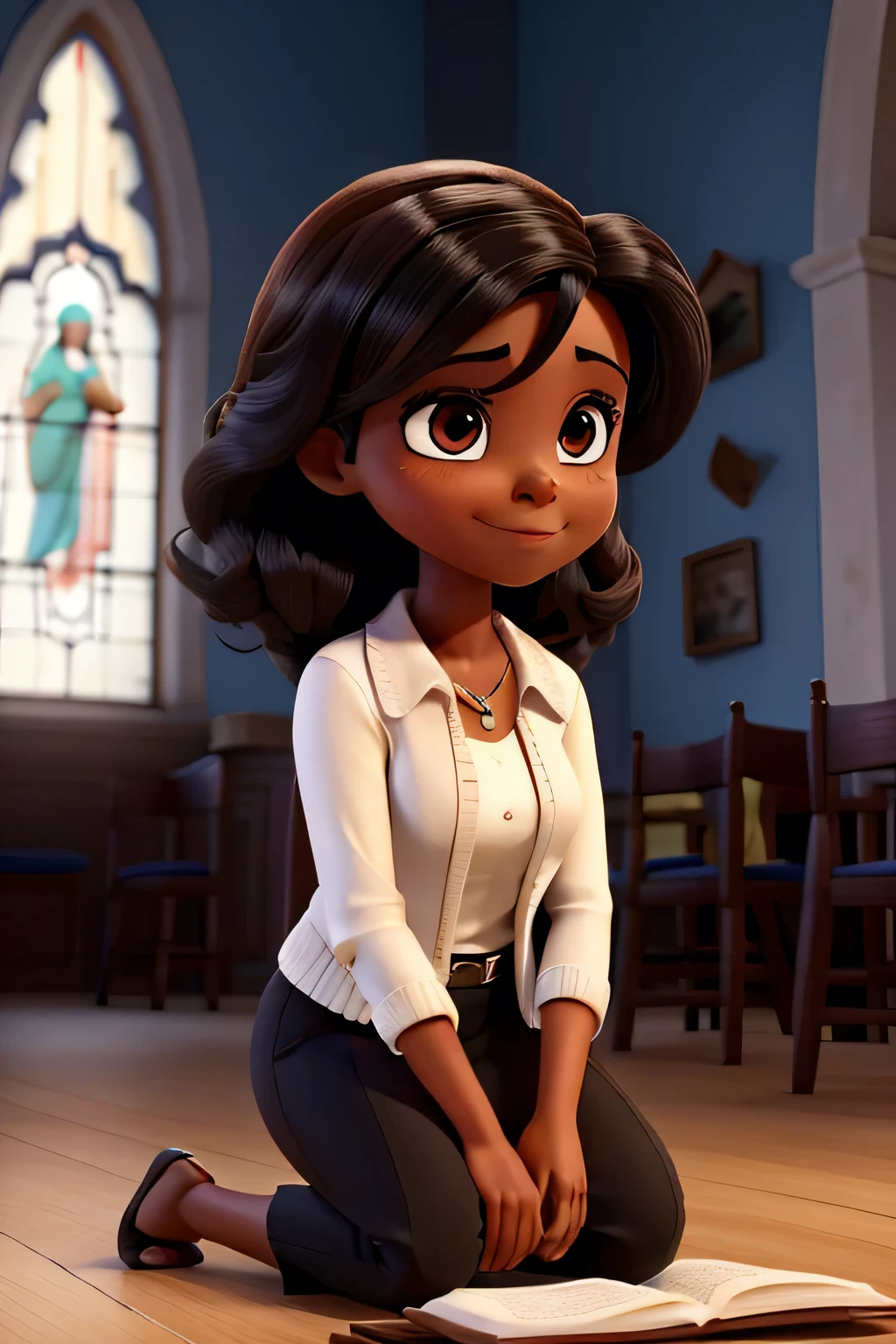 In the heart of a church, a 40 year old Brazilian woman named Liliane is praying on her knees praying standing praying with a holy book in her hands her eyes shining with joy Her brown eyes were framed by thin eyebrows, descansando acima de um fino, nariz encantador com um distinto,dark skin slight recovery. Seu rosto era elegante e esguio, your spring outfit with high cheekbones and delicate chin, adornado com um belo, sorriso largo que revelou o brilho de seus dentes mais brilhantes que ouro.
Seu longo, cabelos liso castanho chocolate deliciosos, caiu em cascata pelas costas, saltando suavemente contra seus ombros a cada passo que ela