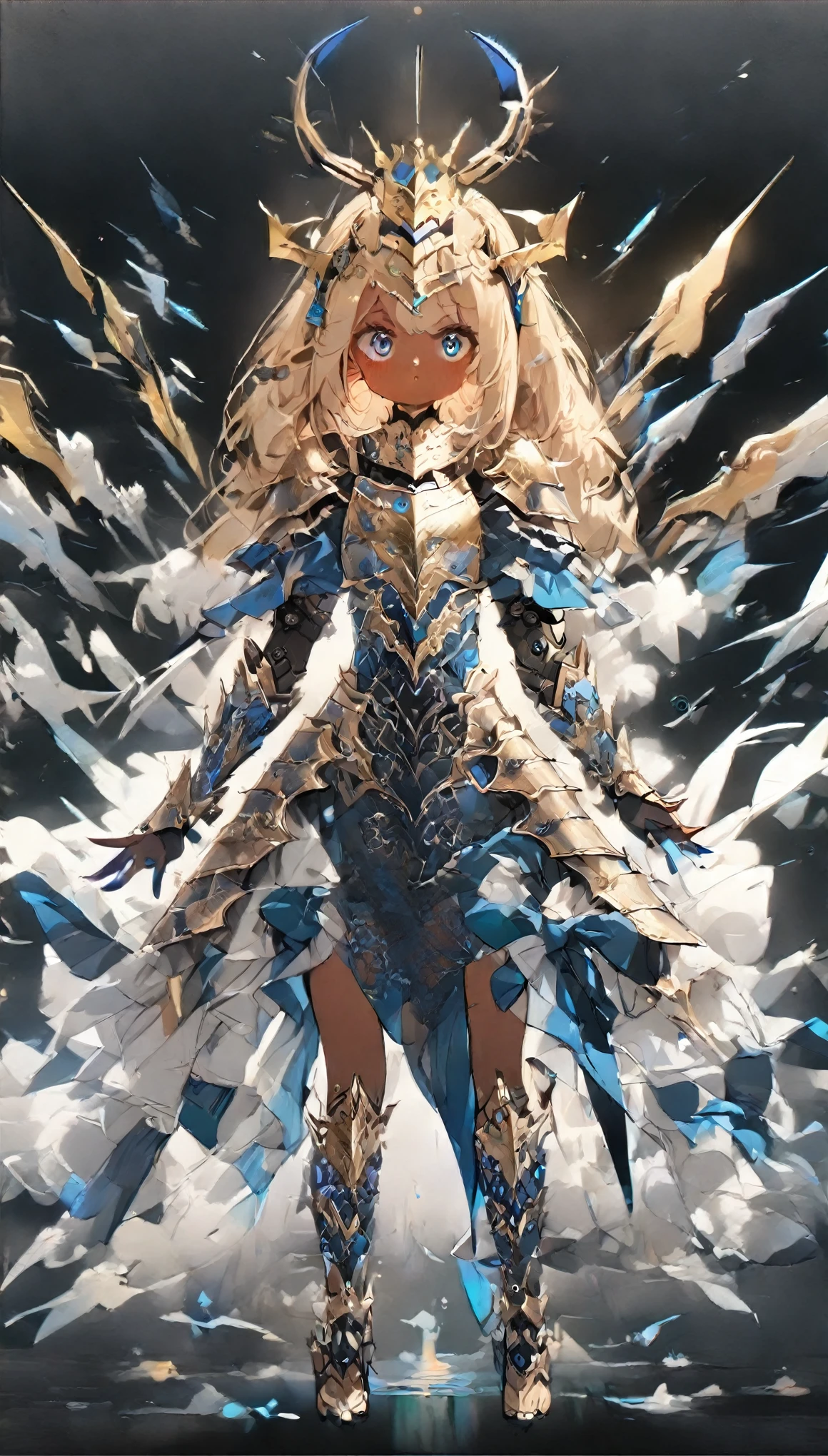 score_9, score_8_up, score_7_up, best quality ,masterpiece, 4k, Japanese anime, 1girl, (brown skin:1.2), blonde hair, twin tails, blue ribbon, (mechanical dragonhorn:1.5), (mechanical wing:1.2), (eye lashes:1.3), (eye shadow:1.3),blue eyes, (beautiful detailed eyes:1.4), laugh, 130cm tall, original character, fantasy, (black background:1.2), (full body:1.8), beautiful fingers, standing, (blue gold lace frill armor dress:1.5), (mechanical headdress:1.5) , shoot from front, looking at viewer ,