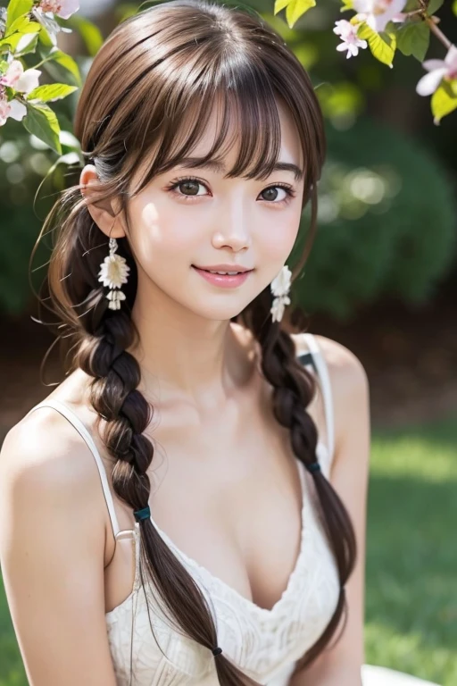 Slim and sharp facial contours、One Girl、（beautiful girl、Delicate girl：1.3）、（22 years old：1.3）、break、（Naked and in overalls：1.3）、break、Very beautiful eyes、（Symmetrical eyes：1.3）、break、（Cherry tree in full bloom:1.3)、Perfectly shaped and anthropomorphic fingers、break、Small breasts、Brown eyes、Parted bangs、Brown Hair、break、(Eye and facial details:1.0)、break、(masterpiece、highest quality、Very detailed) 、Detailed face、8k）、Full body view from the knee up、(blush、embarrassed 、braided bangs、cleavage 、fingersmile)、Sitting on the grass、Low - Angle、topless