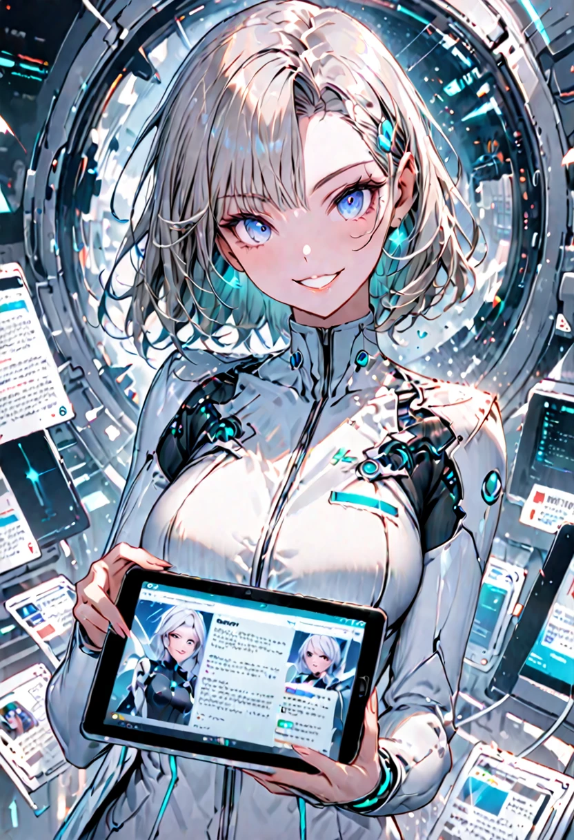 solo, female, sfw, medium, assistant, futuristic, eager smile, tablet, newsletter