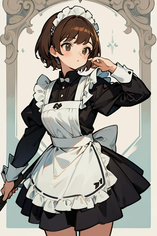 Mujer joven, semi short brown hair , traje de Maid