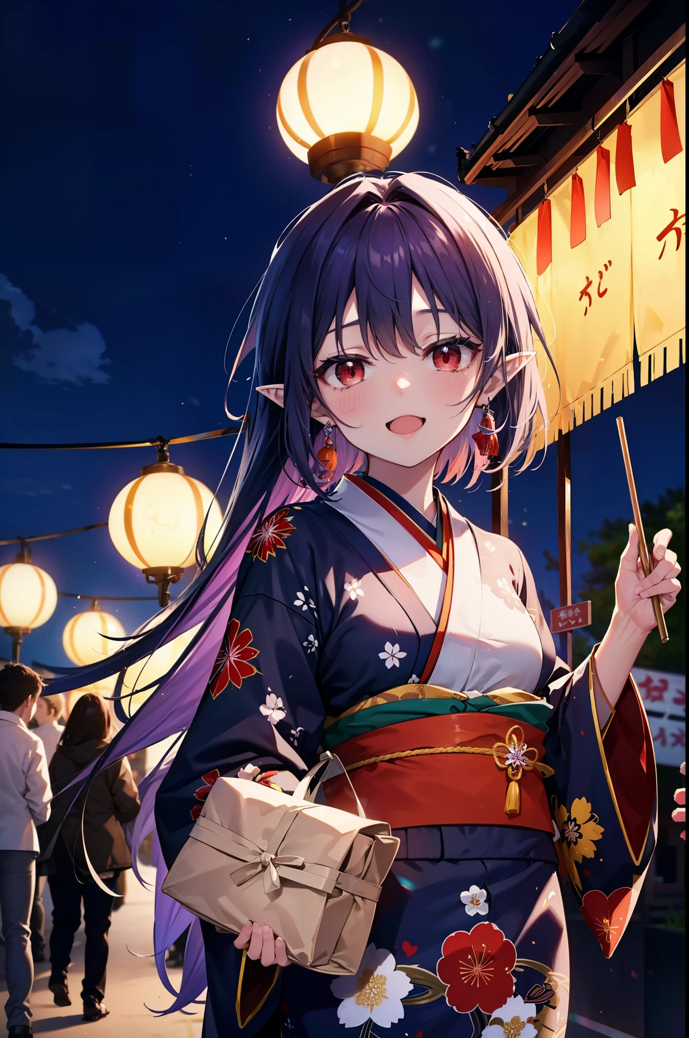 yuukikonno, Yuki Konno, hair band, Long Hair, Pointy Ears, Purple Hair, (Red eyes:1.5), (Small breasts:1.2), Open your mouth,Open your mouth,Long Hair,happy smile, smile, Open your mouth,Purple kimono,Long sleeve,Sandals,night空の花火,Fireworks display,Japanese Festivals,Summer festival food stalls,Red Lantern, night,whole bodyがイラストに入るように,Looking down from above,
break outdoors, shrine,                                              break looking at viewer,whole body,Upper Body,(Cowboy Shot:1. 5)
break (masterpiece:1.2), highest quality, High resolution, unity 8k wallpaper, (shape:0.8), (Beautiful and beautiful eyes:1.6), Highly detailed face, Perfect lighting, Extremely detailed CG, (Perfect hands, Perfect Anatomy),