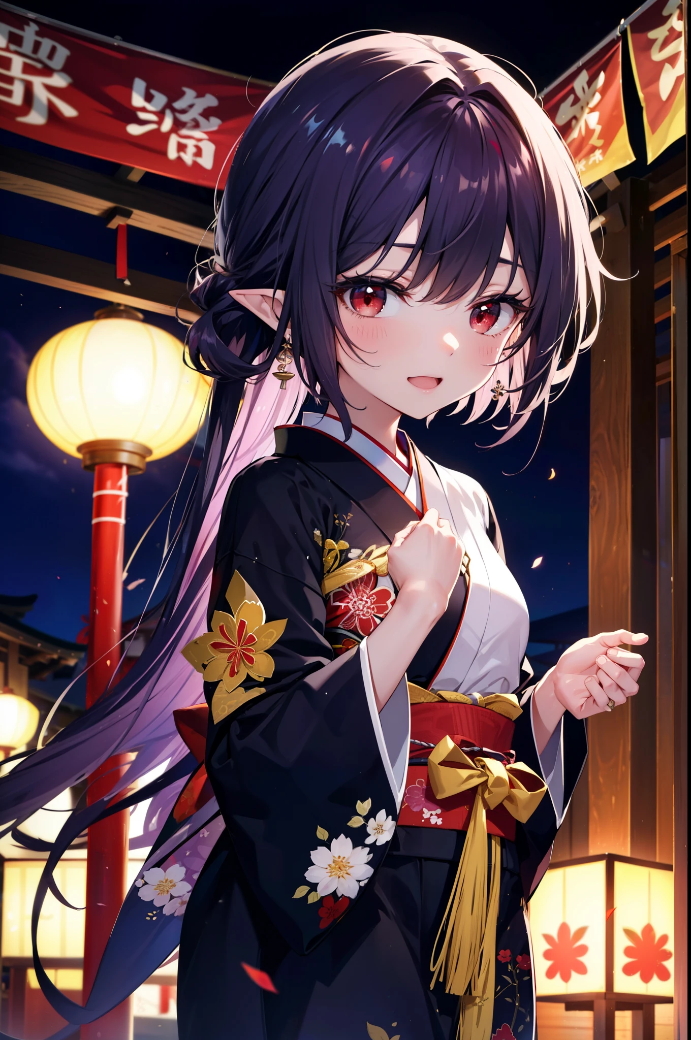 yuukikonno, Yuki Konno, hair band, Long Hair, Pointy Ears, Purple Hair, (Red eyes:1.5), (Small breasts:1.2), Open your mouth,Open your mouth,Long Hair,happy smile, smile, Open your mouth,Purple kimono,Long sleeve,Sandals,night空の花火,Fireworks display,Japanese Festivals,Summer festival food stalls,Red Lantern, night,whole bodyがイラストに入るように,Looking down from above,
break outdoors, shrine,                                              break looking at viewer,whole body,Upper Body,(Cowboy Shot:1. 5)
break (masterpiece:1.2), highest quality, High resolution, unity 8k wallpaper, (shape:0.8), (Beautiful and beautiful eyes:1.6), Highly detailed face, Perfect lighting, Extremely detailed CG, (Perfect hands, Perfect Anatomy),