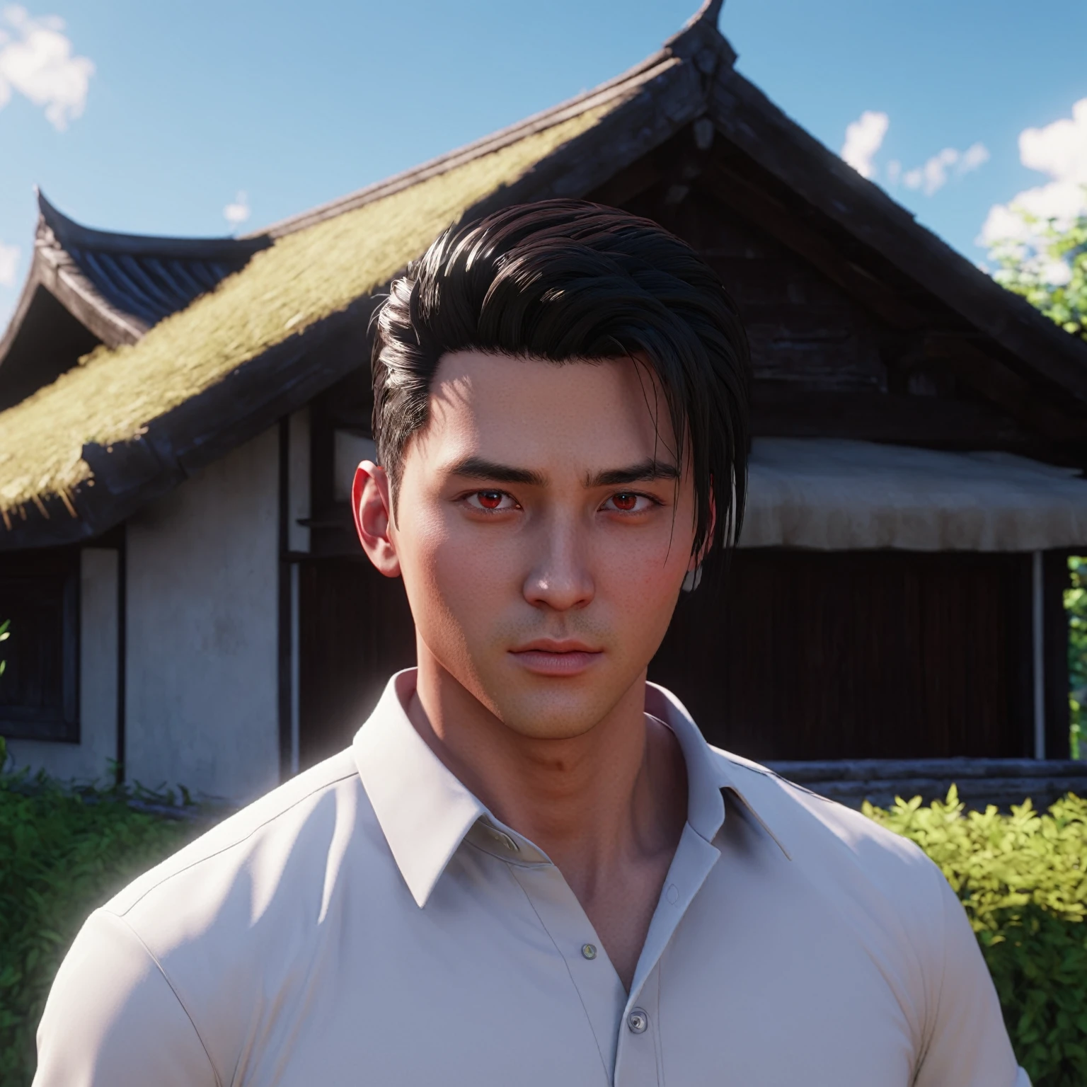 Close-up of a man wearing red clothes, RTM germs ; Real 3D engine, Smooth 3d cg rendering, realistic anime, 8K vertical rendering, His handsome face was as beautiful as a photograph., Realistic 3D characters, 3D character art rendering 8 k, Realistic rendering, Shiny skin, Hyper-realistic 3D rendering