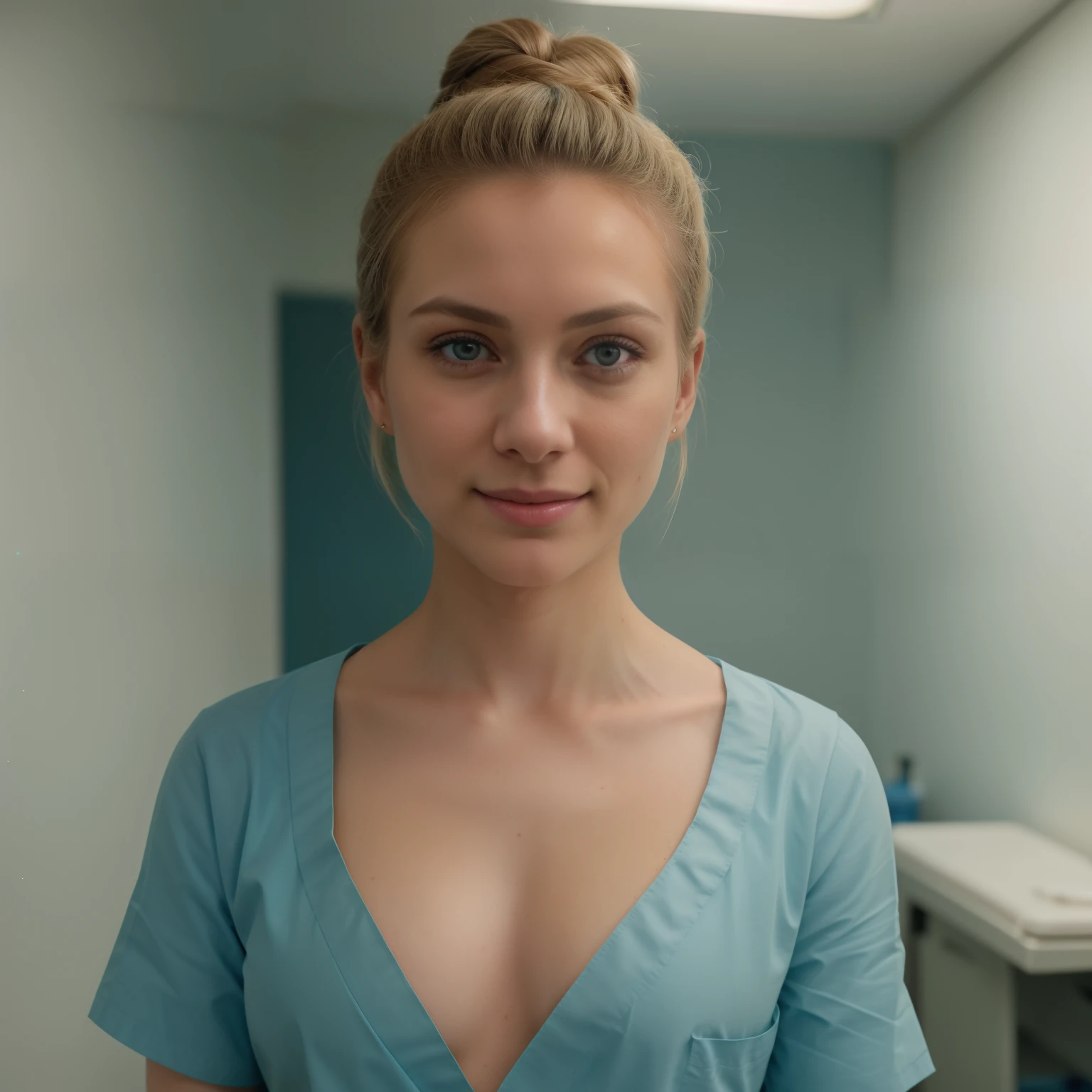 A Realistic Portrait, of a tenager girl, (Lady Oscar=, blonde hair,, as surgical nurse, Beautiful, detailed face, detailed eyes, (realistic skin:1.3), (pale skin:1.1), (textured skin:1.3), (()), big smile, (iphone photograph), (perfect small breasts:1.1), (artificial lighting:1.3), looking at the camera, perfect slim body, amateur Photography, Photorealistic, Detailed, analog, poor quality, grainy, standing in operation room, wearing dark-teal surgical scrubs, wide angle, showing full body, short hair tied up, hair bun, hair tied as chignon