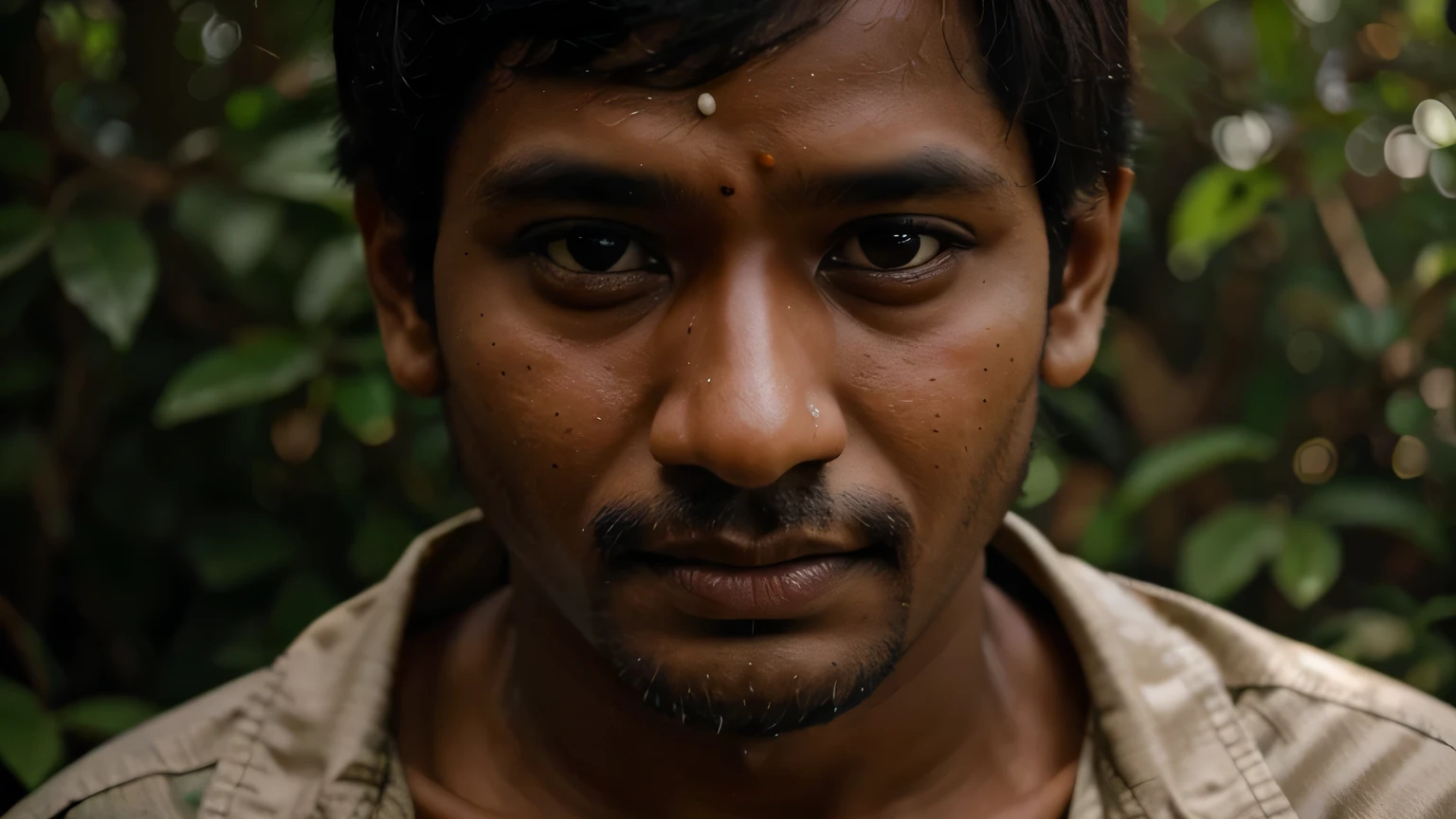 (((HD close up photo))), One standing Jagadish looking at the camera, 25 years old, in the forest
