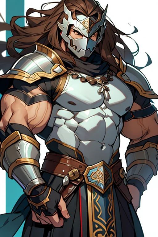 Muscle man, long brown hair, silver armor, mask, silver knight armor with bare chest