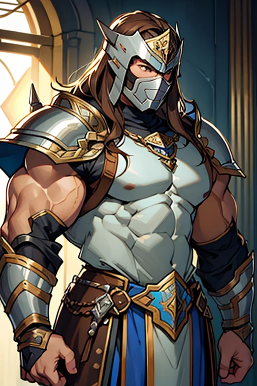 Hombre,. musculoso, long brown hair, silver armor mask, armadura de caballero de plata, pecho descubierto