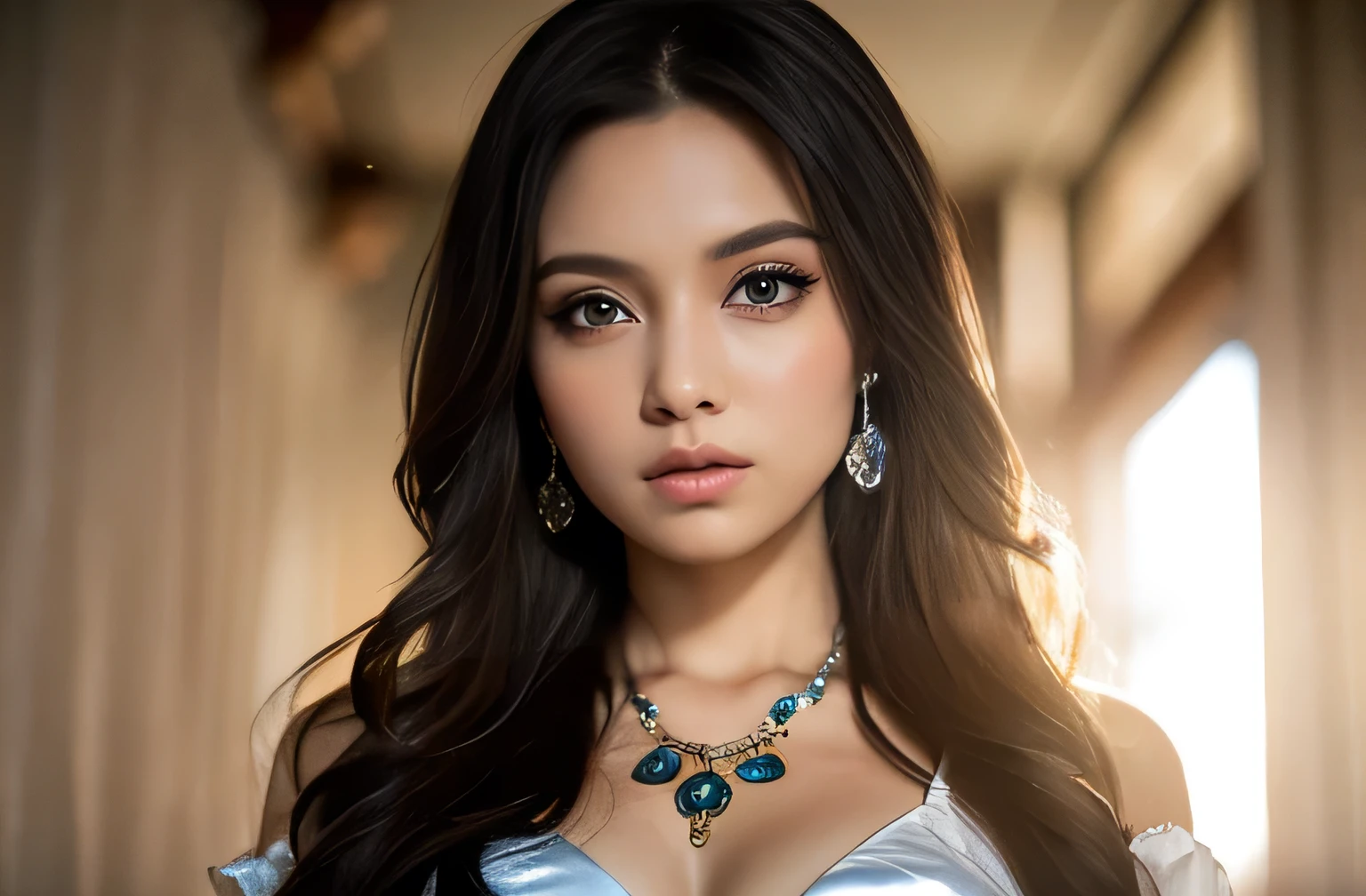 photograph, masterpiece, highest quality, (Long Hair:1.2), Bright eyes with attention to detail, Heavy eye makeup, mascara, Detailed Hair, Big Breasts, Cleavage, (detailed skin and pores:1.2),Slim waist, Bokeh, Depth of written boundary,  Lighting, , (play of light :1.2), Super detailed, Sexy mini dresses,Full body hip-raising pose , Pose 1.4. To the camera , Various shot angles 
