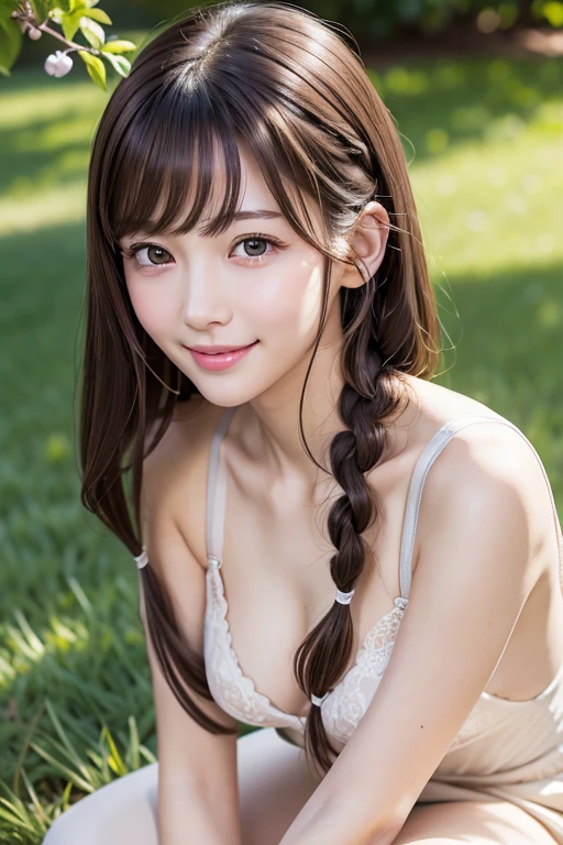 Slim and sharp facial contours、One Girl、(beautiful girl、Delicate girl:1.3)、(22 years old:1.3)、break、(Naked and in overalls:1.3)、break、Very beautiful eyes、(Symmetrical eyes:1.3)、break、(Cherry tree in full bloom:1.3)、Perfectly shaped and anthropomorphic fingers、break、Small breasts、Brown eyes、Parted bangs、Brown Hair、break、(Eye and facial details:1.0)、break、(masterpiece、highest quality、Very detailed) 、Detailed face、8k)、Full body view from the knee up、(blush、embarrassed 、braided bangs、cleavage 、fingersmile)、Sitting on the grass、Low - Angle、show off bra