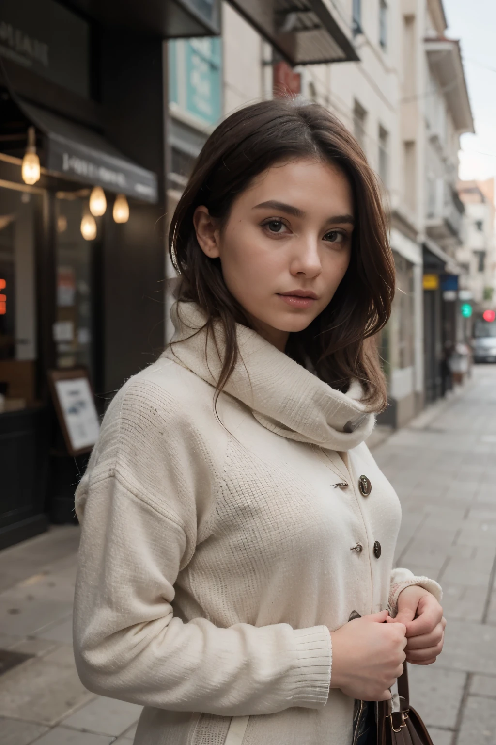 fotografia profissional de uma linda garota norueguesa em roupas de inverno com cabelos loiros longos e ondulados, olhar sensual e sedutor, beautiful symmetrical face, linda maquiagem natural, wearing elegante warm winter fashion clothing, ((parado do lado de fora na rua nevada da cidade)), impressionante ambiente urbano moderno, ultra realistic, arte conceitual, elegante, altamente detalhado, intricado, sharp focus, profundidade de campo, f/1. 8, 85mm, medium shot, meio do tiro, (((professional color grading))), luz difusa suave e brilhante, (volumetric fog), Trends on Instagram, hd 4k, 8K