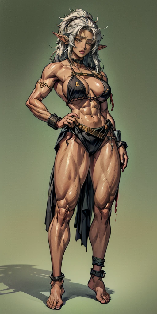 (Masterpiece, plain background:1.2) Female full body, standing straight symmetrical feet together, blood dark elf, dark skin, long messy white hair, short elf ears, circlet, yellow eyes, 1990s (style), female 1sologirl slingshot micro bikini, barefoot, bare handcuffs, shackles wristbands, bracers, bracelets, pauldrons metal shoulders