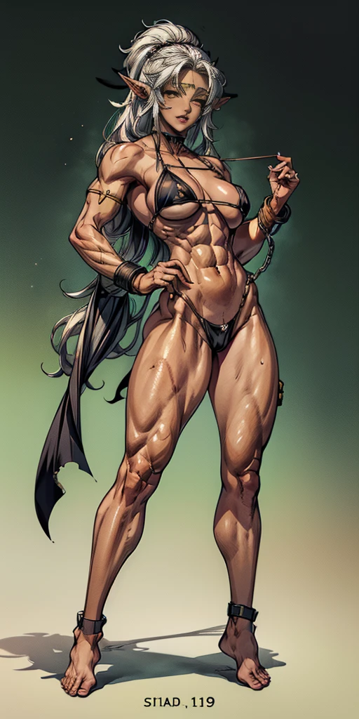 (Masterpiece, plain background:1.2) Female full body, standing straight symmetrical feet together, blood dark elf, dark skin, long messy white hair, short elf ears, circlet, yellow eyes, 1990s (style), female 1sologirl slingshot micro bikini, barefoot, bare handcuffs, shackles wristbands, bracers, bracelets, pauldrons metal shoulders