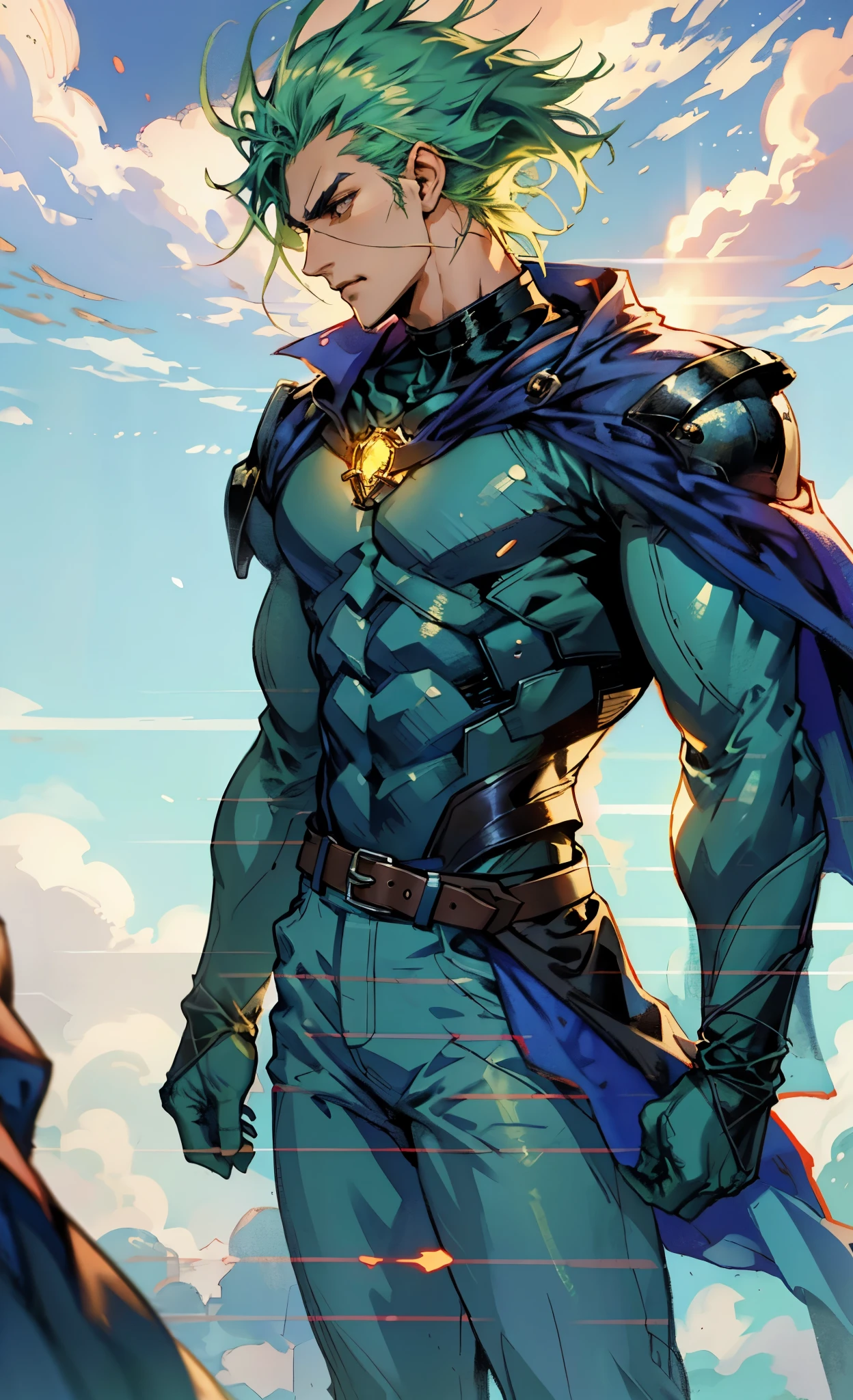 A young man with Greenish-blue spiky short hair, middle part bangs, a disdainful look, slender eyebrows, delicate features, a robust physique, a fantasy-style purple and white tight outfit, a black collar connected to a dark blue cape, a white belt attached to a red and white hem, sky-blue trousers, green flowing light surrounding him, standing on a long street at night, side view, this character embodies a finely crafted fantasy-style warrior in anime style, exquisite and mature manga art style, dramatic, high definition, best quality, highres, ultra-detailed, ultra-fine painting, extremely delicate, professional, perfect body proportions, golden ratio, anatomically correct, symmetrical face, extremely detailed eyes and face, high quality eyes, creativity, RAW photo, UHD, 32k, Natural light, cinematic lighting, masterpiece-anatomy-perfect, masterpiece:1.5