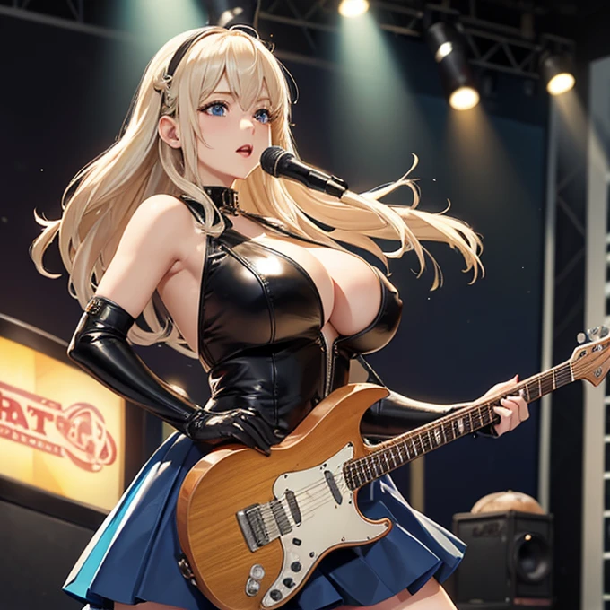 masterpiece、highest quality、High-quality images、High resolution、8k、1 Female、detailed、Photorealistic、Shiny Hair、Skin luster、detailedな目の描写、Platinum blonde long hair、Deep blue eyes、rock band、guitarist、Black Leather Stage Costume、mini skirt、concert、Spotlight、Fanaticism、music、Camel Toe、Giant tit、Nipple Puffs、Cleavage、Plump、Super big breasts、Super big butt
