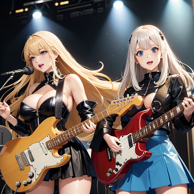 masterpiece、highest quality、High-quality images、High resolution、8k、1 Female、detailed、Photorealistic、Shiny Hair、Skin luster、detailedな目の描写、Platinum blonde long hair、Deep blue eyes、rock band、guitarist、Black Leather Stage Costume、mini skirt、concert、Spotlight、Fanaticism、music、Camel Toe、Giant tit、Nipple Puffs、Cleavage、Plump、Super big breasts、Super big butt