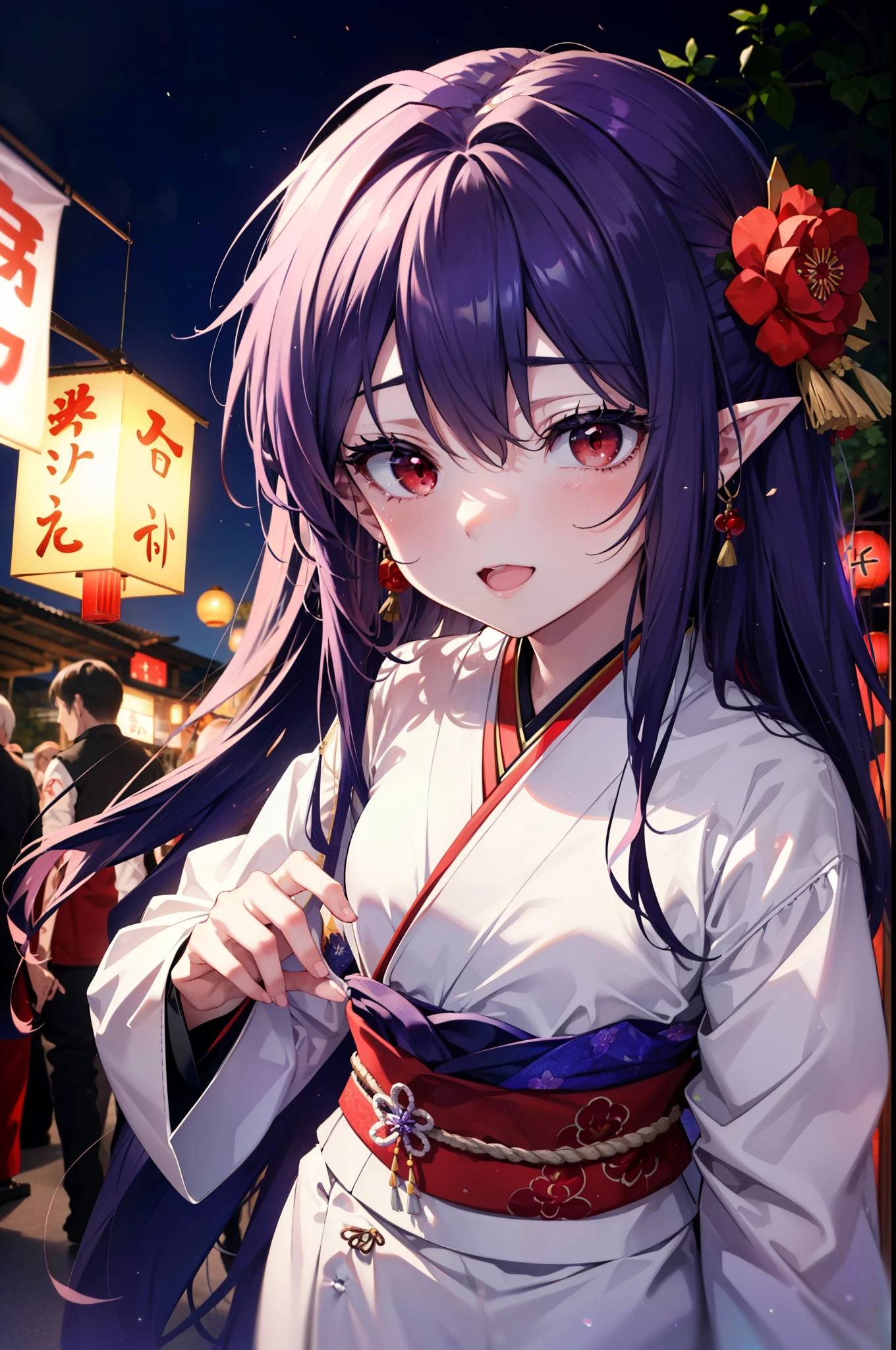 yuukikonno, Yuki Konno, hair band, Long Hair, Pointy Ears, Purple Hair, (Red eyes:1.5), (Small breasts:1.2), Open your mouth,Open your mouth,Long Hair,happy smile, smile, Open your mouth,Purple kimono,Long sleeve,Sandals,night空の花火,Fireworks display,Japanese Festivals,Summer festival food stalls,Red Lantern, night,whole bodyがイラストに入るように,Looking down from above,
break outdoors, shrine, break looking at viewer,whole body,Upper Body,(Cowboy Shot:1. 5)
break (masterpiece:1.2), highest quality, High resolution, unity 8k wallpaper, (shape:0.8), (Beautiful and beautiful eyes:1.6), Highly detailed face, Perfect lighting, Extremely detailed CG, (Perfect hands, Perfect Anatomy),