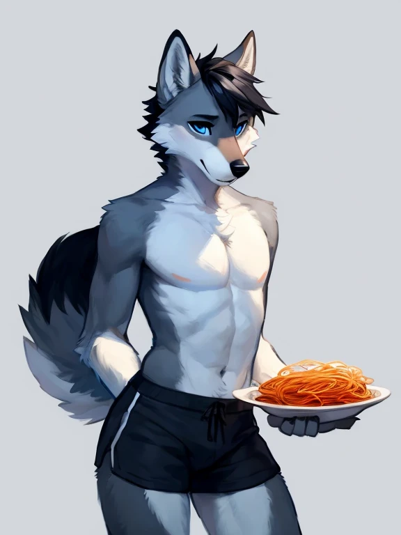 Big chest a black white and grey anthropomorphic wolf with blue eyes and black hair Wearing black and white shorts at the seafood restaurant eating Delicious and tempting Chinese rice noodles, Blank background with beef inside, Lots of pepperany red oil chopsticks picked up rice noodles and displayed them in the style of colorful animation stills ,pose))) , big chest , day, , sensual, detailed, uploaded to e621, beautiful and detailed portrait of an anthropomorphic , (((male))) uploaded to e621, zaush, foxovh, movie lighting, thicc, alone, detailed, 8k res, hires, detailed eyes, good anatomy, good perspective, towards viewer, by bebebebebe, by sicklyhypnos, by gerkk, by orf, nice hands, perfect hands, happy, romantic, ray tracing lighting, rtx on, By Bebebebebe, by SpiritD, by KOBITOWANI, b est quality, masterpiece, perfect anatomy, detai led picture)), 1femboy, , sexy body, fluffy tail, shy, horny, romantic, black and gray and white fur 