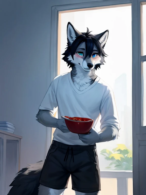 Big chest a black white and grey anthropomorphic wolf with blue eyes and black hair Wearing black and white shorts at the seafood restaurant eating Delicious and tempting Chinese rice noodles, Blank background with beef inside, Lots of pepperany red oil chopsticks picked up rice noodles and displayed them in the style of colorful animation stills ,pose))) , big chest , day, , sensual, detailed, uploaded to e621, beautiful and detailed portrait of an anthropomorphic , (((male))) uploaded to e621, zaush, foxovh, movie lighting, thicc, alone, detailed, 8k res, hires, detailed eyes, good anatomy, good perspective, towards viewer, by bebebebebe, by sicklyhypnos, by gerkk, by orf, nice hands, perfect hands, happy, romantic, ray tracing lighting, rtx on, By Bebebebebe, by SpiritD, by KOBITOWANI, b est quality, masterpiece, perfect anatomy, detai led picture)), 1femboy, , sexy body, fluffy tail, shy, horny, romantic, black and gray and white fur 