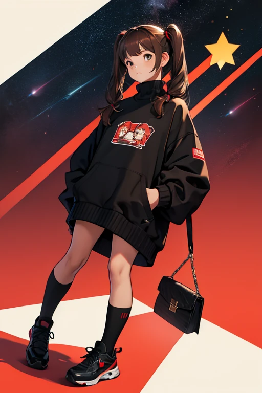 Mujer joven, brown hair in two pigtails, vincha roja, black sweater with stars, zapatos negros