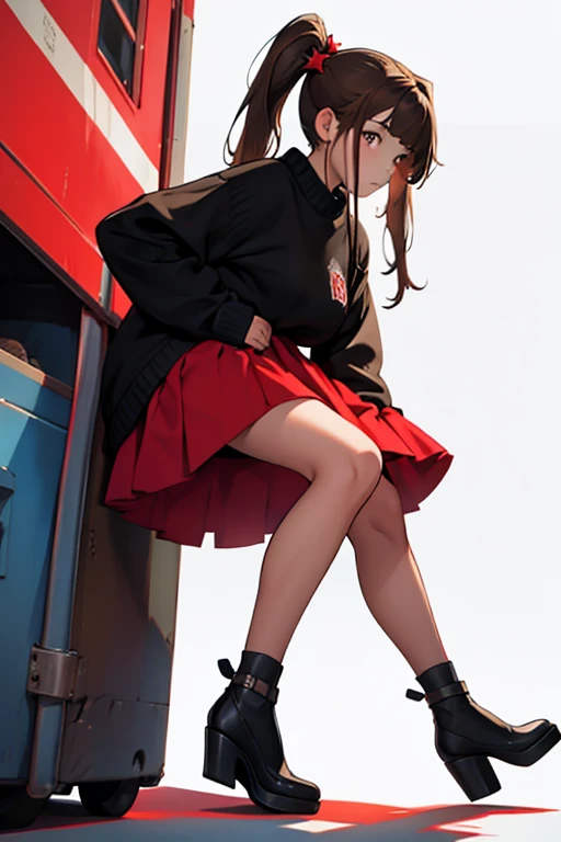 Mujer joven, brown hair in two pigtails, vincha roja, black sweater with stars, zapatos negros