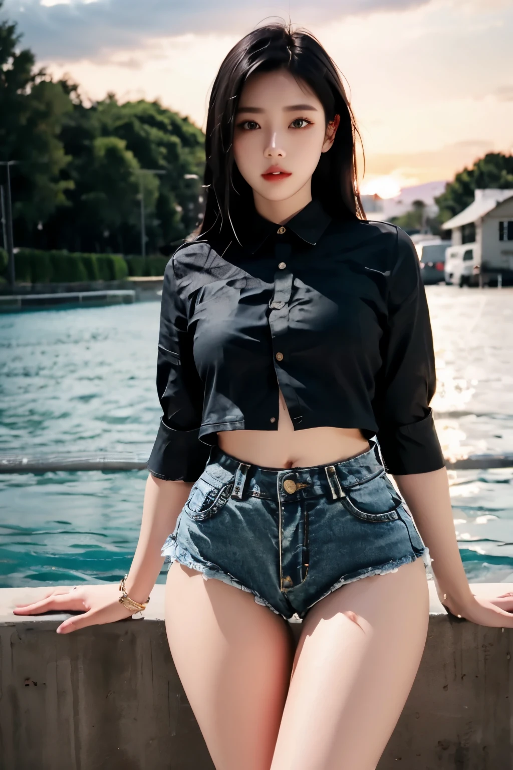 8K,RAW photos,best quality,masterpiece,realistic, 1 woman,alone,wide hips,small waist,sexy jeans,~am,~am foucs,black hair,very long hair,denim shorts,thighs,(black shirt:1.4),denim shorts,water,sunset,