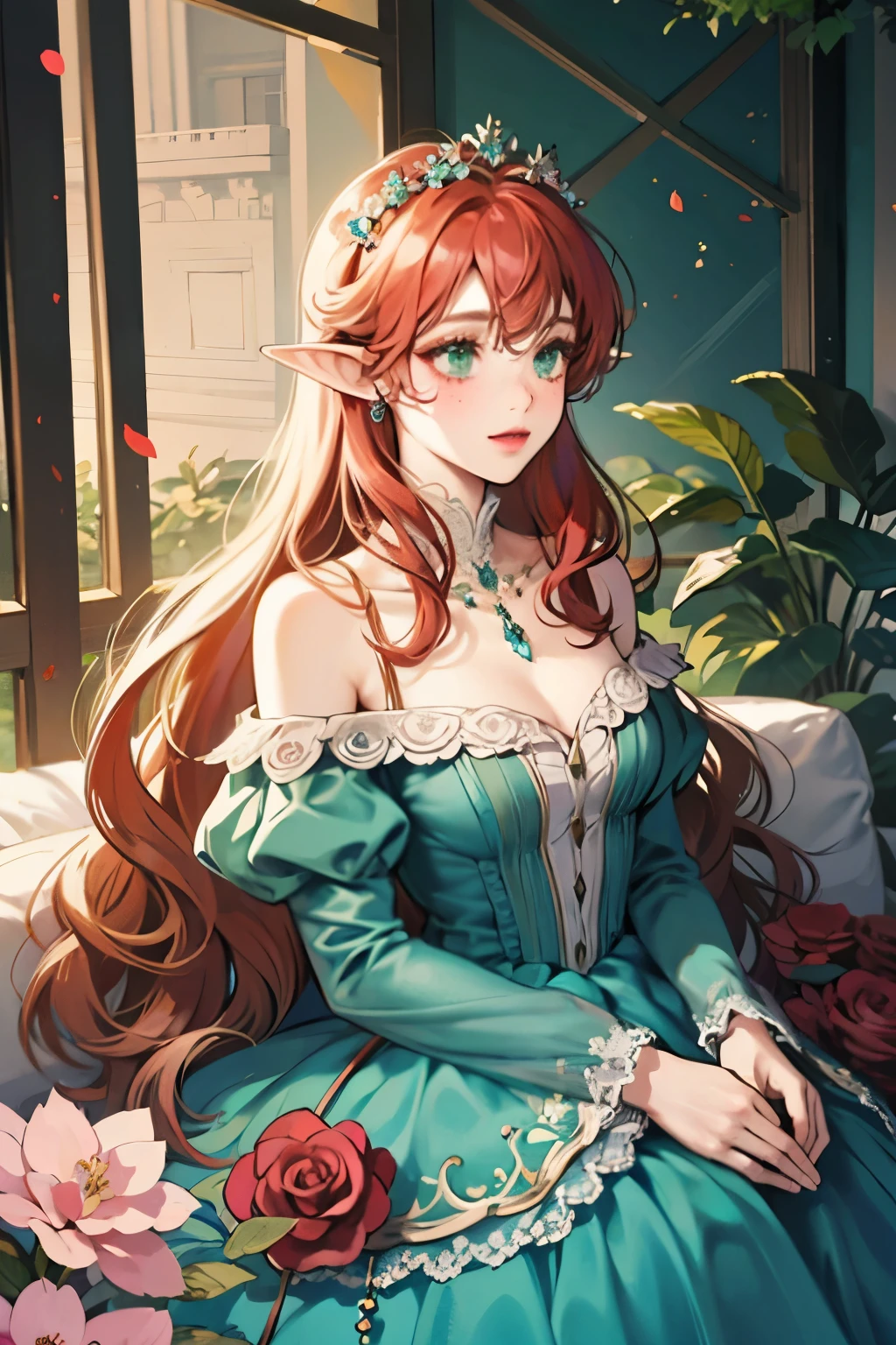 woman, beautiful, redhead, side part hairstyle, dark green eyes, flower crown, pink roses, dress, princess, fantasy, elf, freckles