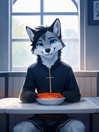 Big chest a black white and grey anthropomorphic wolf with blue eyes and black hair Wearing black and white shorts (((at the seafood restaurant sitting down eating Delicious and tempting Chinese rice noodles,)))), Blank background with beef inside, Lots of pepperany red oil chopsticks picked up rice noodles and displayed them in the style of colorful animation stills ,pose))) , big chest , day, , sensual, detailed, uploaded to e621, beautiful and detailed portrait of an anthropomorphic , (((male))) uploaded to e621, zaush, foxovh, movie lighting, thicc, alone, detailed, 8k res, hires, detailed eyes, good anatomy, good perspective, towards viewer, by bebebebebe, by sicklyhypnos, by gerkk, by orf, nice hands, perfect hands, happy, romantic, ray tracing lighting, rtx on, By Bebebebebe, by SpiritD, by KOBITOWANI, b est quality, masterpiece, perfect ???????, detai led picture)), 1femboy, , sexy body, fluffy tail, shy, horny, romantic, black and gray and white fur 