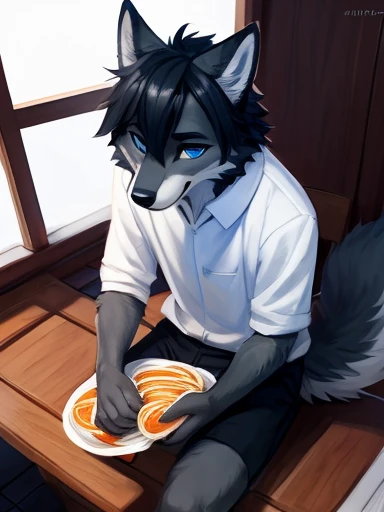 Big chest a black white and grey anthropomorphic wolf with blue eyes and black hair Wearing black and white shorts (((at the seafood restaurant sitting down eating Delicious and tempting Chinese rice noodles,)))), Blank background with beef inside, Lots of pepperany red oil chopsticks picked up rice noodles and displayed them in the style of colorful animation stills ,pose))) , big chest , day, , sensual, detailed, uploaded to e621, beautiful and detailed portrait of an anthropomorphic , (((male))) uploaded to e621, zaush, foxovh, movie lighting, thicc, alone, detailed, 8k res, hires, detailed eyes, good anatomy, good perspective, towards viewer, by bebebebebe, by sicklyhypnos, by gerkk, by orf, nice hands, perfect hands, happy, romantic, ray tracing lighting, rtx on, By Bebebebebe, by SpiritD, by KOBITOWANI, b est quality, masterpiece, perfect anatomy, detai led picture)), 1femboy, , sexy body, fluffy tail, shy, horny, romantic, black and gray and white fur
