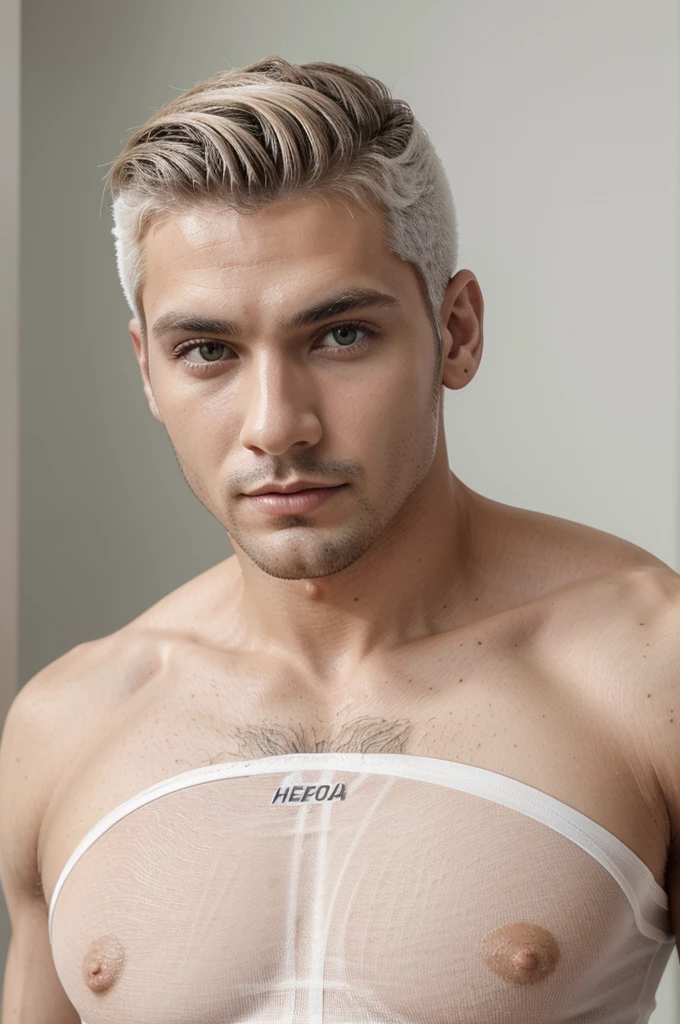 Homen realista   latnino foto real beleza masculina fashion moderno couro branco futurista sexy sensual atletico secsual fotografia estudio olhos verdes cabelo com mechas douradas acinzentadas. Volume peitoral. Foto real profissional