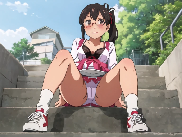 highest quality, Ultra-high resolution, (Realistic: )2D official style cel animation,((2Girls sitting in a row))high school girl、Twin tails、ponytail、White Big Ribbon、Glasses、Red checked mini skirt,summer shirt,Unbutton、(Lace panties、Lace bra),loose socks,sneakers,Full body portrait,(From below),Station stairs,sunny,Spread your legs、from the front、blush、