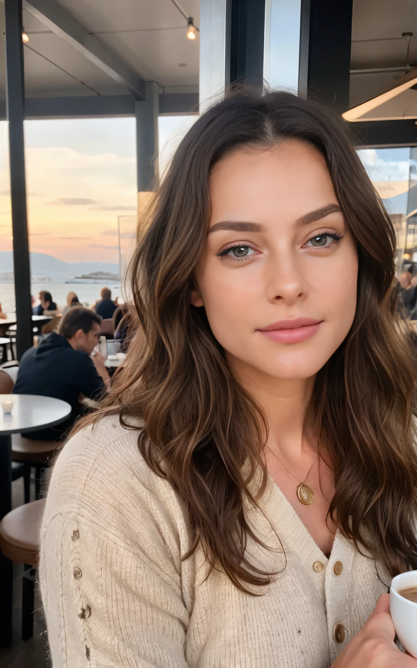 Belle brune portant un pull beige (Holding a cup of coffee in a modern cafe at sunset), very detailed, 21 ans, visage innocent, dimples, freckles a lot , keira knightley, natural wavy hair, yeux bleus, high resolution, chef-d&#39;artwork, Best quality, Intricate details, very detailed, mise au point nette, detailed skin, texture de peau réaliste, texture, detailed eyes, professionnel, 4k, sourire charmant, filmed in Canon, 85 millimeters, faible profondeur de champ, Couleur Kodak Vision, corps parfaitement ajusté, Extremely detailed, photographier_\(ultra\), photorealistic, Realistic, Post-traitement, Maximum details, roughness, vrai vie, ultra realistic, photorealism, photographie, 8K UHD, photographie