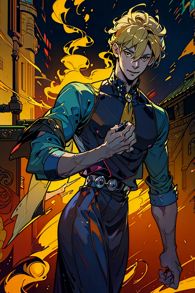 1boy, 25 year old man, thin male, thin shoulders, (holding a cigarette), blonde hair, yellow eyes, veste de costume noire, chemise jaune à boutons, cravate noire, full yellow classy outfit work man (including buttoned shirt), (style1.2:classy, modern, work), arrogant attitude, mocking smile, face lighting, best quality, 8k, 4k, uhd, High quality fanart, Sanji, fanart officiel, [digital art], Rui Fanart, beau mec dans l'art du tueur de démons, dans un style anime, made with anime painter studio, hadesstyle