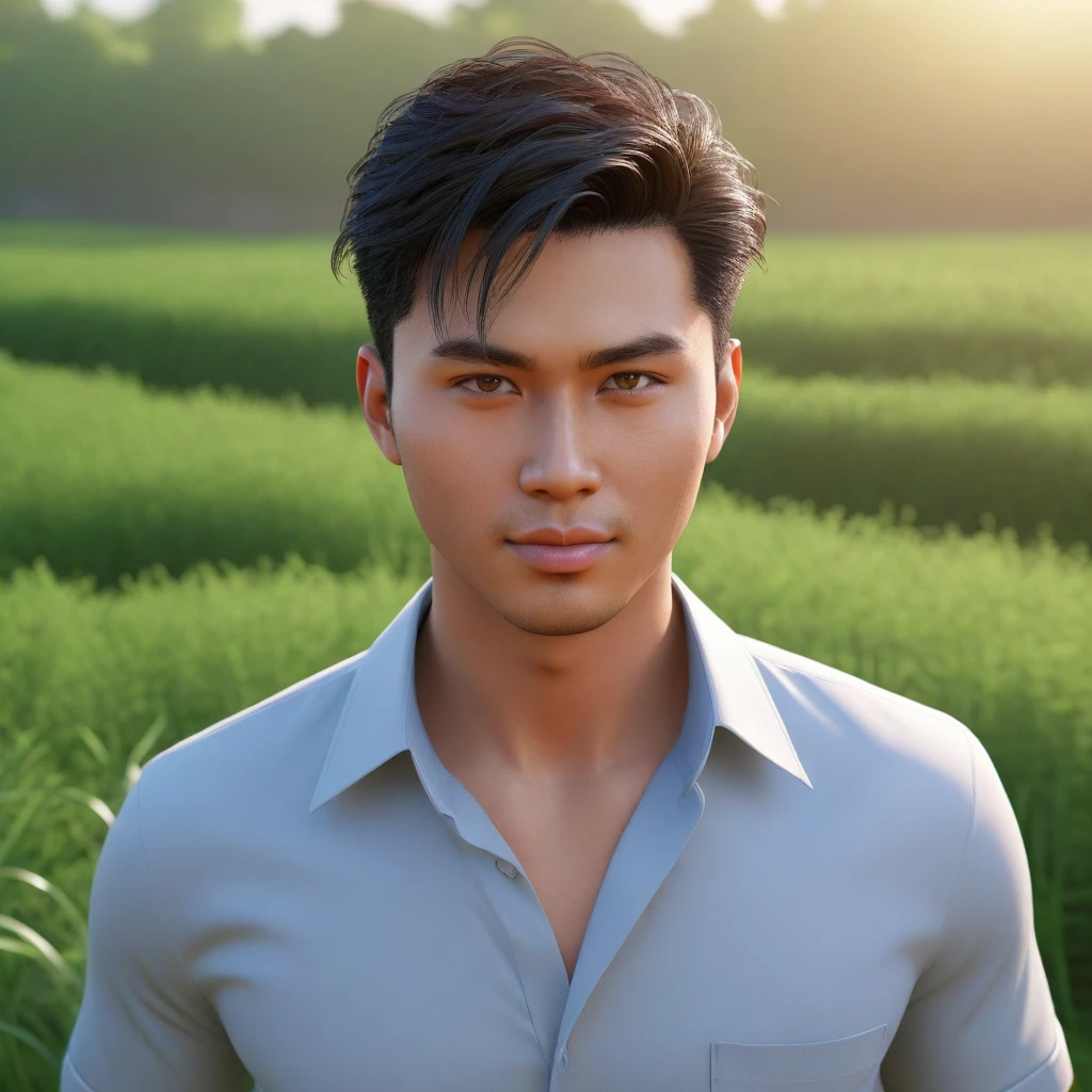 Araaf man wearing a shirt, image of a man wearing a red shirt; Real 3D engine, Smooth 3d cg rendering, realistic anime, 8K vertical rendering, His handsome face was as beautiful as a photograph., Realistic 3D characters, 3D character art rendering 8 k, Realistic rendering, Shiny skin, Blue hyper realistic 3D rendering standing in a field of green plants., Handsome Chad Chin, Damian Tran, with the sun shining on it, The sun is shining, The sun is behind him., Charming and good looking, Rick Dai, Shot at golden hour, On a clear day, David Luong, Hot with bright sunlight, the The sun is shining, nice afternoon lighting