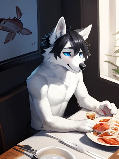 Big chest a black white and grey anthropomorphic wolf with blue eyes and black hair Wearing black and white shorts (((at the seafood restaurant sitting down eating Delicious and tempting Chinese seafood rice noodles,seafood )))), ,pose))) , big chest , day, , sensual, detailed, uploaded to e621, beautiful and detailed portrait of an anthropomorphic , (((male sitting down at a restaurant ))) uploaded to e621, zaush, foxovh, movie lighting, thicc, alone, detailed, 8k res, hires, detailed eyes, good anatomy, good perspective, towards viewer, by bebebebebe, by sicklyhypnos, by gerkk, by orf, nice hands, perfect hands, happy, romantic, ray tracing lighting, rtx on, By Bebebebebe, by SpiritD, by KOBITOWANI, b est quality, masterpiece, perfect anatomy, detai led picture)), 1femboy, , sexy body, fluffy tail, shy, horny, romantic, black and gray and white fur