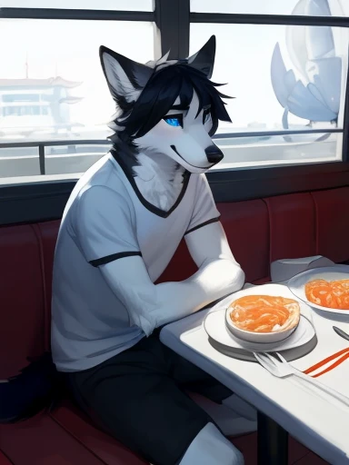 Big chest a black white and grey anthropomorphic wolf with blue eyes and black hair Wearing black and white shorts (((at the seafood restaurant sitting down eating Delicious and tempting Chinese seafood rice noodles,seafood )))), ,pose))) , big chest , day, , sensual, detailed, uploaded to e621, beautiful and detailed portrait of an anthropomorphic , (((male sitting down at a restaurant ))) uploaded to e621, zaush, foxovh, movie lighting, thicc, alone, detailed, 8k res, hires, detailed eyes, good anatomy, good perspective, towards viewer, by bebebebebe, by sicklyhypnos, by gerkk, by orf, nice hands, perfect hands, happy, romantic, ray tracing lighting, rtx on, By Bebebebebe, by SpiritD, by KOBITOWANI, b est quality, masterpiece, perfect anatomy, detai led picture)), 1femboy, , sexy body, fluffy tail, shy, horny, romantic, black and gray and white fur 
