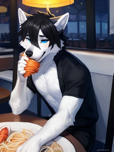 Big chest a black white and grey anthropomorphic wolf with blue eyes and black hair Wearing black and white shorts (((at the seafood restaurant sitting down eating Delicious and tempting Chinese seafood rice noodles,seafood )))), ,pose))) , big chest , day, , sensual, detailed, uploaded to e621, beautiful and detailed portrait of an anthropomorphic , (((male sitting down at a restaurant ))) uploaded to e621, zaush, foxovh, movie lighting, thicc, alone, detailed, 8k res, hires, detailed eyes, good anatomy, good perspective, towards viewer, by bebebebebe, by sicklyhypnos, by gerkk, by orf, nice hands, perfect hands, happy, romantic, ray tracing lighting, rtx on, By Bebebebebe, by SpiritD, by KOBITOWANI, b est quality, masterpiece, perfect anatomy, detai led picture)), 1femboy, , sexy body, fluffy tail, shy, horny, romantic, black and gray and white fur