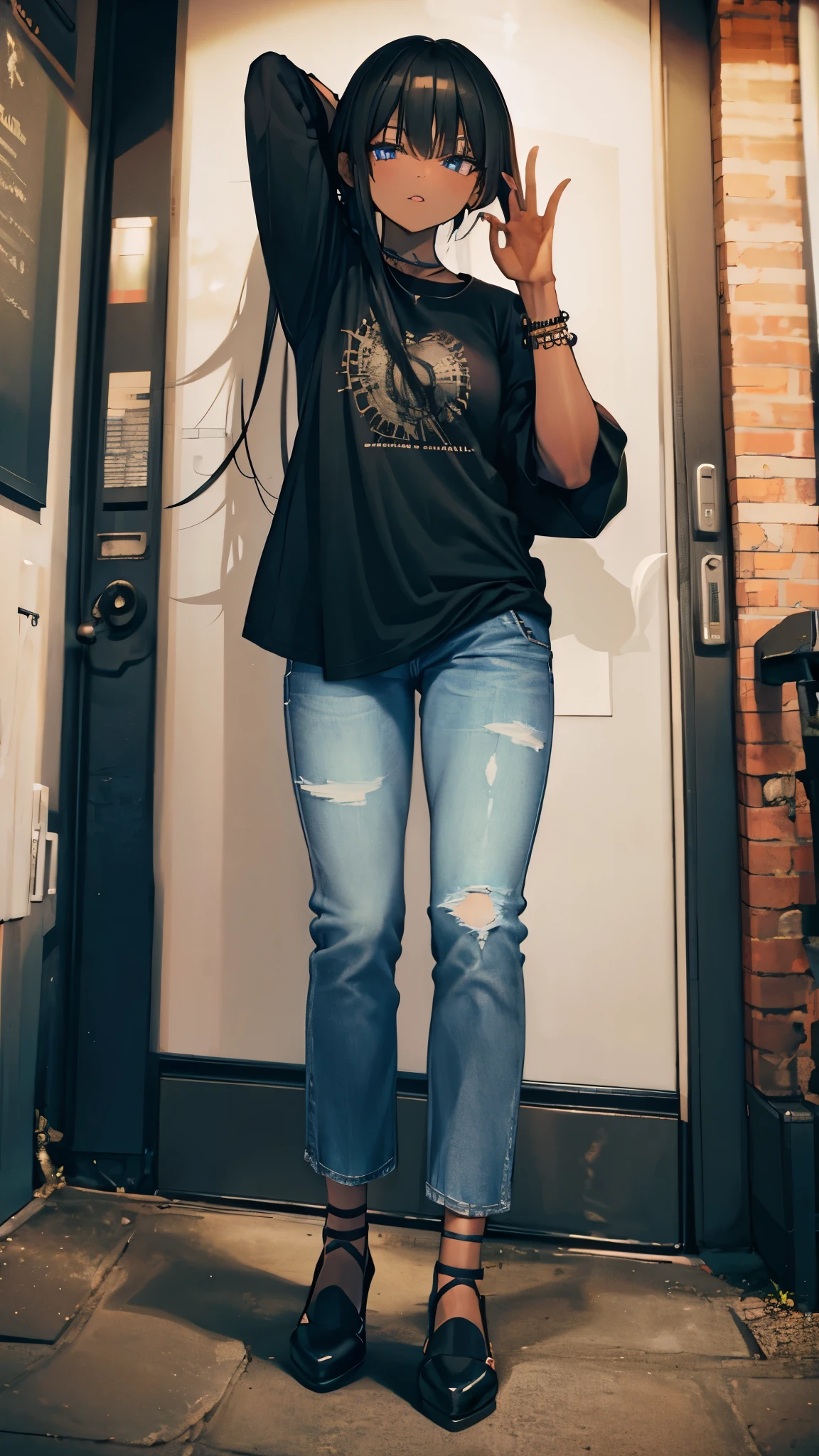 solo, black_skin, pants, tattoo, denim, jeans, shirt, black_hair, high_heels, jewelry, dreadlocks, standing, dark-skinned_female, black_footwear, full_body, long_hair, arms_behind_head, 1girl, earrings, blue_shirt, looking_at_viewer, blue_pants,, bracelet, arm_tattoo, short_sleeves, arms_up, guitar