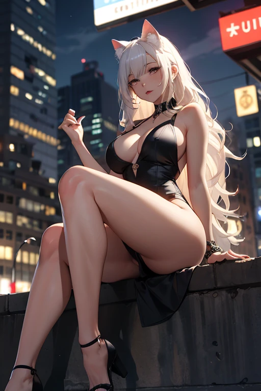 masterpiece, best quality, shadows, perfect hands, perfect legs, perfect anatomy, pretty face, mature features, 1 girl, 21 years old, mature woman, cat girl, sexy black dress, city night background, white long hair, thighs, ass, breast, seductive, spicy, posing, cinematography lights, 