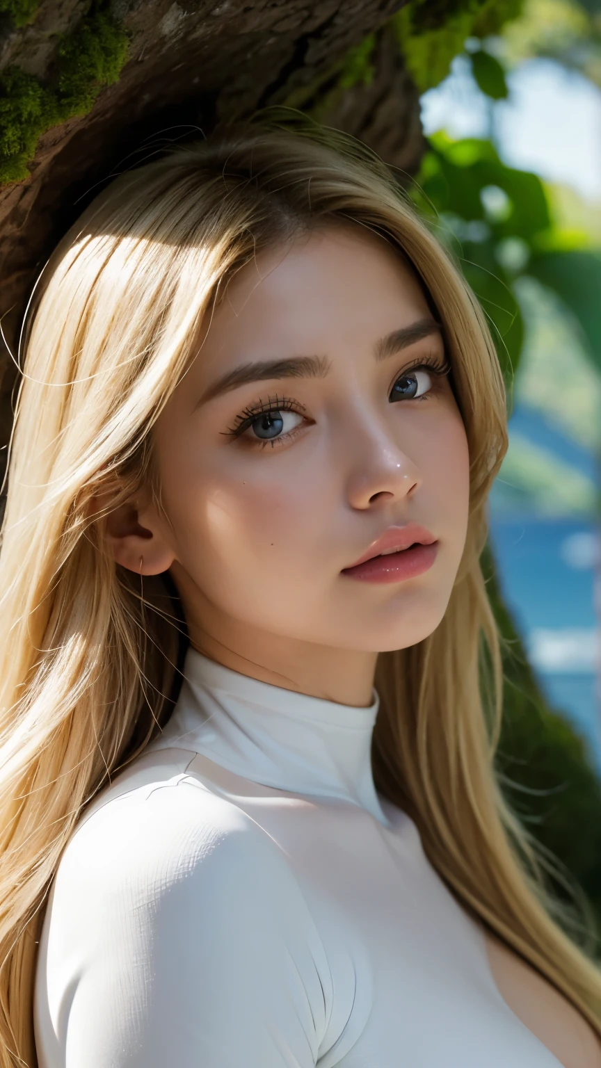 Strong light, Strong contrast, In an open-roofed cave、Sunlight shines through green moss and ferns。, And open( Ocean View:1.1) end, Cel-shaded rendering, 4K, 360 degrees, Equirectangular projection, what, One Girl, 30-year-old woman、Beautiful woman、Long Blonde Hair、White Latex Leotard、White long boots、White arm covers、masterpiece, 最high quality, high quality, High resolution, (((Face close-up)))、、Cleavage