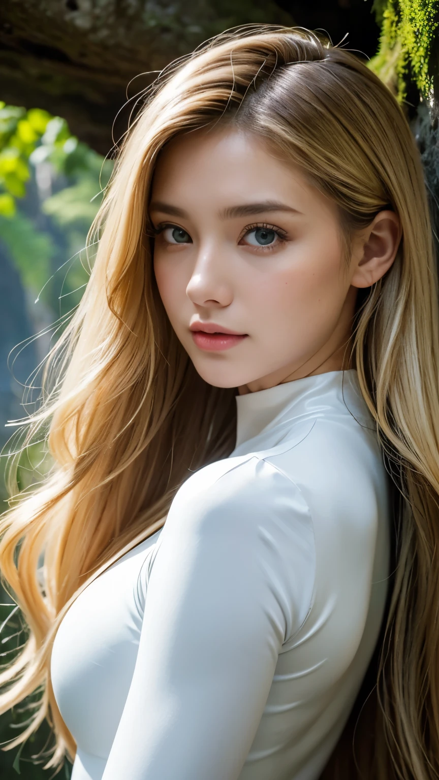 Strong light, Strong contrast, In an open-roofed cave、Sunlight shines through green moss and ferns。, And open( Ocean View:1.1) end, Cel-shaded rendering, 4K, 360 degrees, Equirectangular projection, what, One Girl, 30-year-old woman､Beautiful woman､Long Blonde Hair､White Latex Leotard､White long boots､White arm covers､masterpiece, 最high quality, high quality, High resolution, (((Face close-up)))、、Cleavage