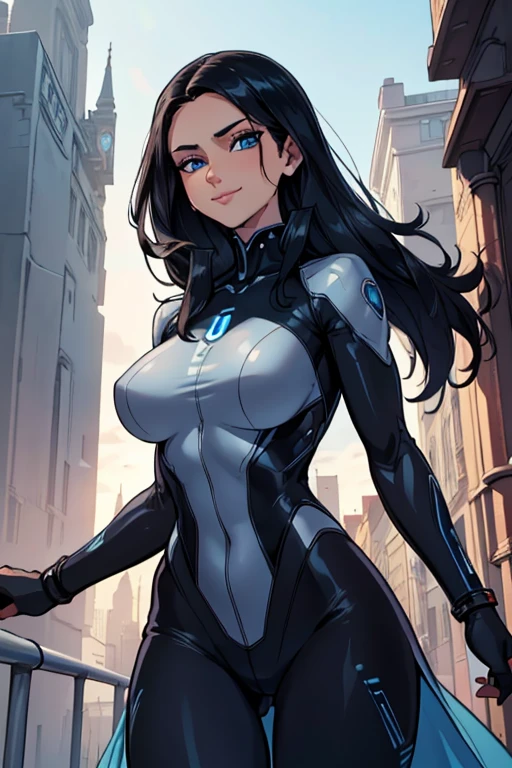 (work of art, Best quality, absurd, 4K, aesthetics, perfect eyes, perfect face, detailed, intricate, Perfect Lighting) 1 girl with fair skin, long dark hair, wears a futuristic dark blue and white bodysuit, heroine, queen of an alien race, warrior, gentle smile, strong, muscular,