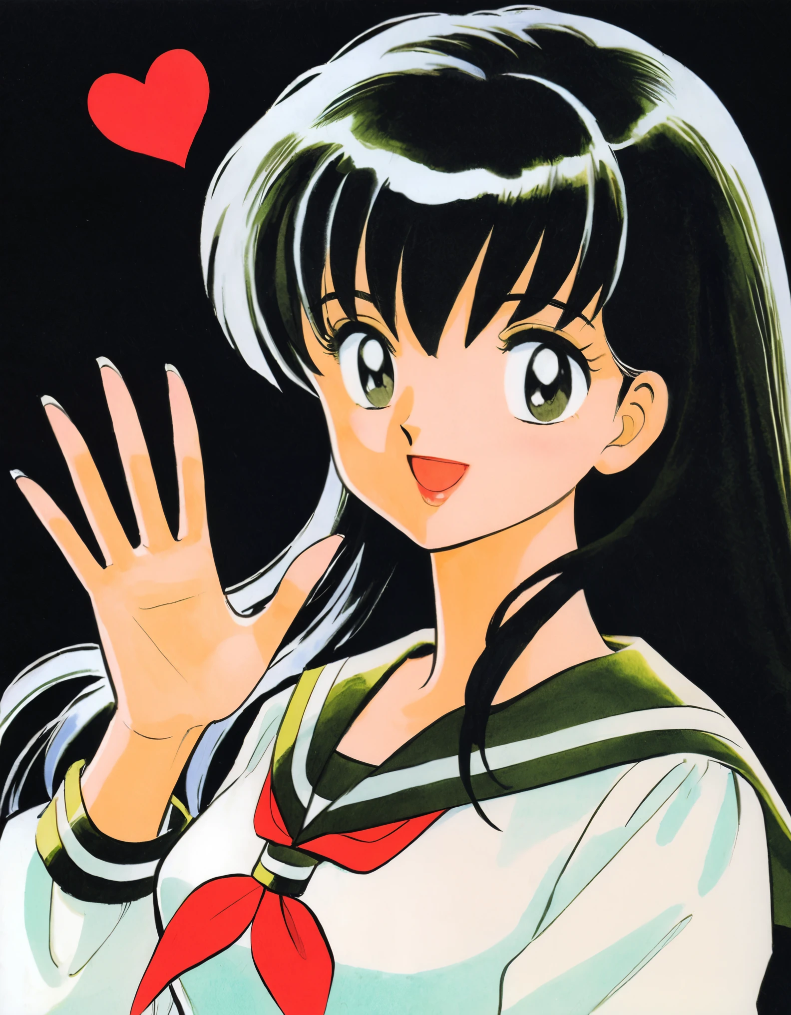 Higurashi Kagome,1girl,solo,,long hair,retro artstyle,white background,black hair,smile,simple background,open mouth,serafuku,long sleeves,1980s (style),heart,upper body,neckerchief,bangs,:d,sailor collar,waving,shirt,1990s (style),looking at viewer,hand up,white shirt,traditional media,