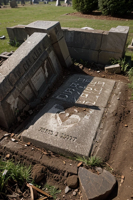 A destroyed gravestone buried in the ground A cup of coffee