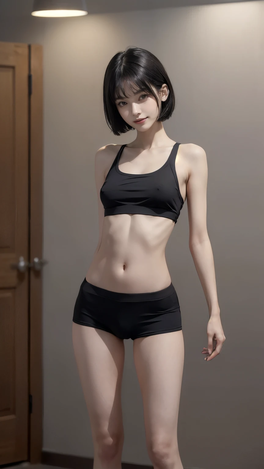 ((Standing posture:1.8, Composition above the knees:1.8)), (Clothing:2.0, Grey sports bra:2.0, Black boxer shorts:1.8), (Wet:1.5), ((A grin:1.2, Bobcut:1.2, slender:1.5, Small Ass:1.5, Erect nipples:1.8)), ((Japanese, 1 Girl, 18-year-old, 7 heads, Ideal body proportions, Black Hair, With bangs, Small breasts, Erect nipples, slender, Small Ass, Beautiful feet, Skinny Legs)), Surrealism, Cinematic Lighting, Depth of written boundary, First Person View, F/1.8, 135mm, Ticker, Mastepiece, Curate, ((Anatomically correct:1.3)), Textured skin, Super Detail, High detail, High quality, Awards, Best Quality, High resolution, 8K