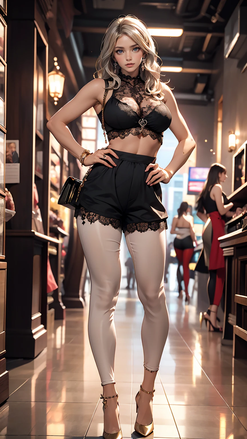 24 year old Caucasian female、Silver Hair、long hair、Hair becomes wavy、Outstanding proportions、Wear a sheer romper decorated with lace、Breasts are visible through the skin、I can see my belly button、Wear low rise leggings、Wear stiletto heels、Cowboy Shot、sexy pose