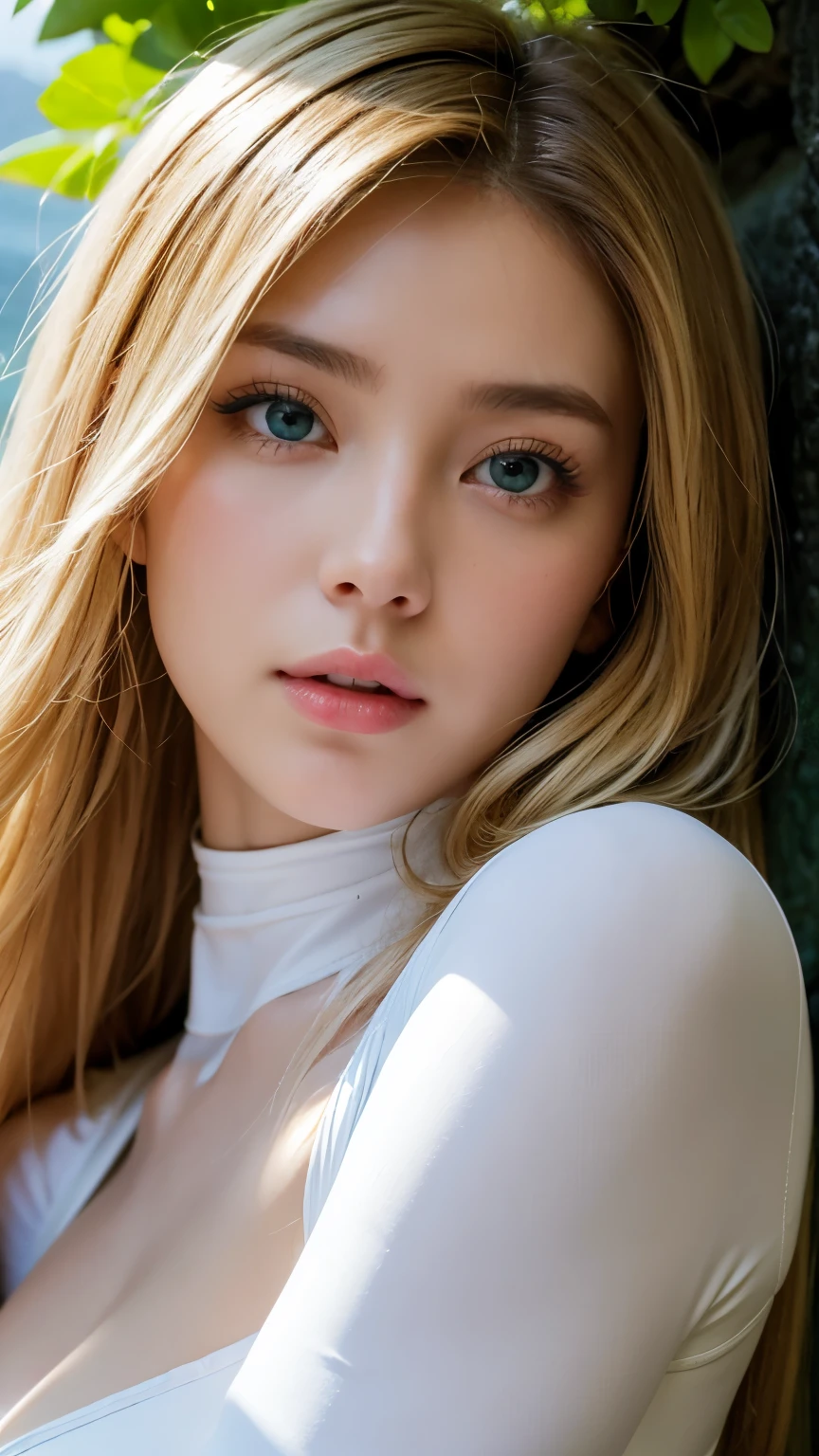 Strong light, Strong contrast, In an open-roofed cave、Sunlight shines through green moss and ferns。, And open( Ocean View:1.1) end, Cel-shaded rendering, 4K, 360 degrees, Equirectangular projection, what, One Girl, 30-year-old woman､Beautiful woman､Long Blonde Hair､White Latex Leotard､White long boots､White arm covers､masterpiece, 最high quality, high quality, High resolution, (((Face close-up)))、、Cleavage