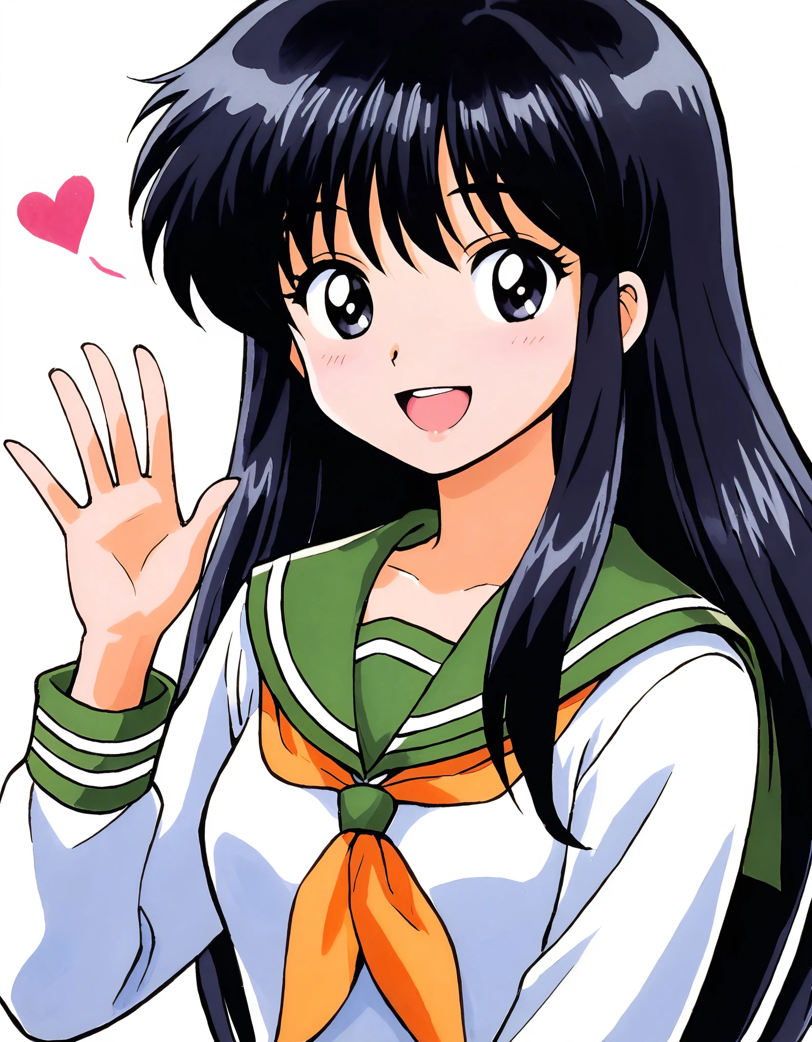 Higurashi Kagome,1girl,solo,,long hair,retro artstyle,white background,black hair,smile,simple background,open mouth,serafuku,long sleeves,1980s (style),heart,upper body,neckerchief,bangs,:d,sailor collar,waving,shirt,1990s (style),looking at viewer,hand up,white shirt,traditional media,