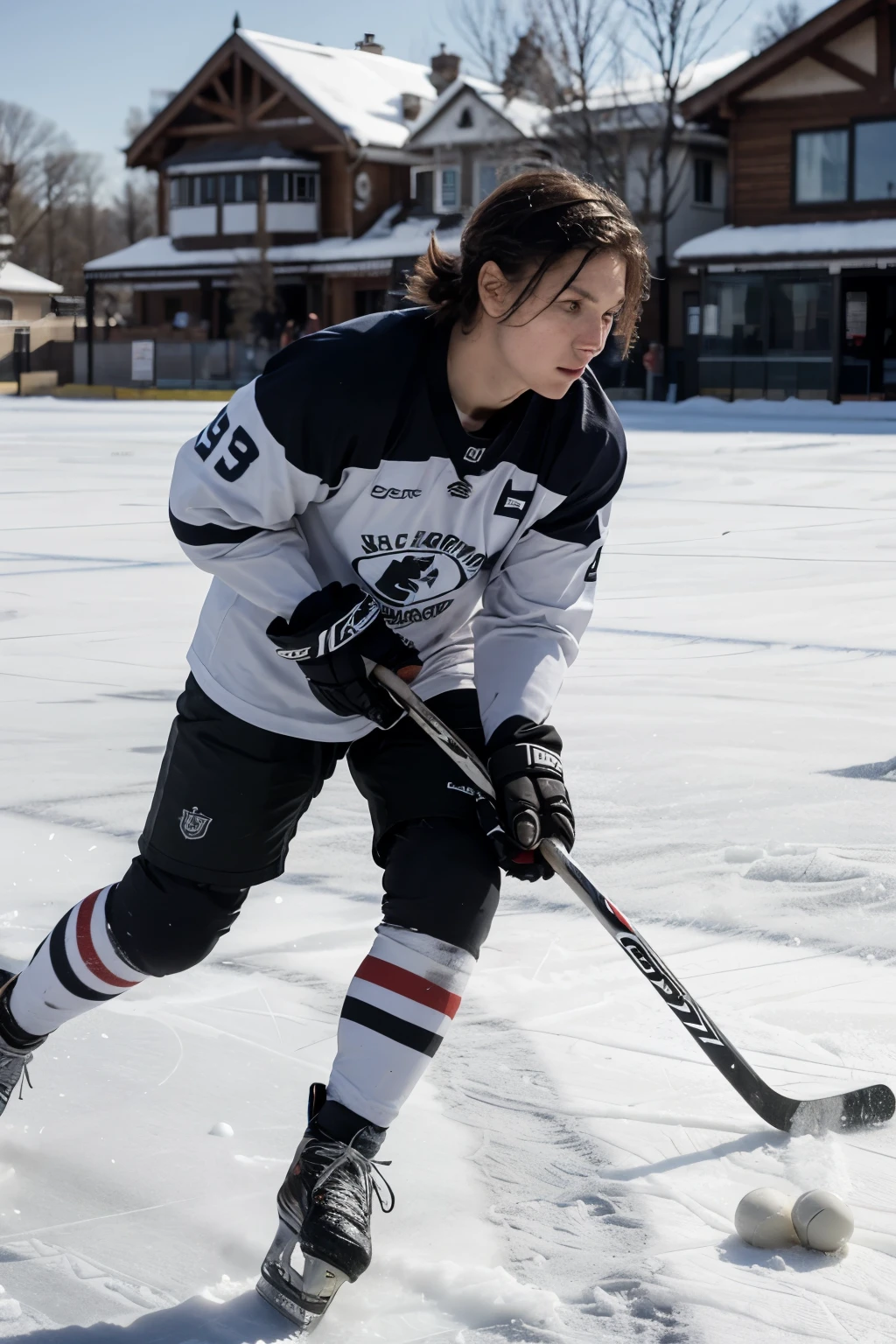 hockey player,in winter,on the ice near the village,training with a hockey stick and puck,in the background of the house